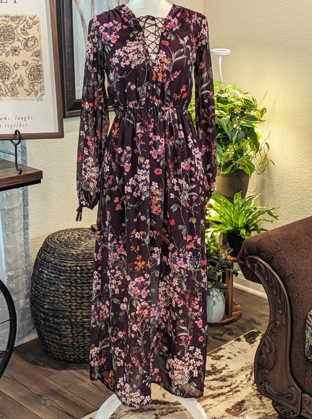 Plum Floral Lace-Up Long Sleeve Maxi Dress